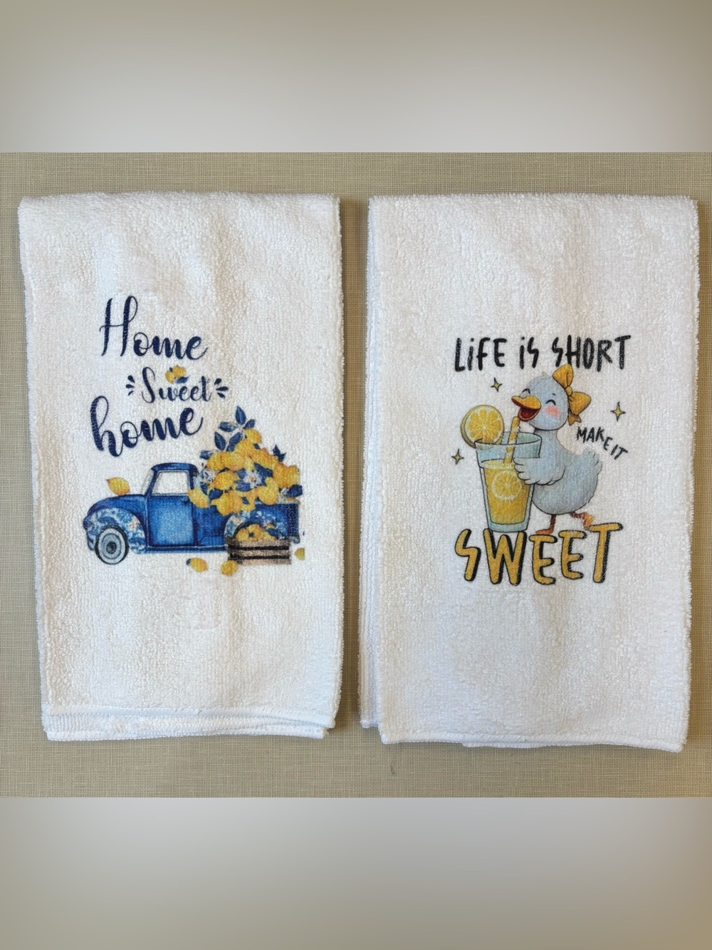 NEW White Decorative Kitchen Towels with Blue & Yellow Prints - Set of 2